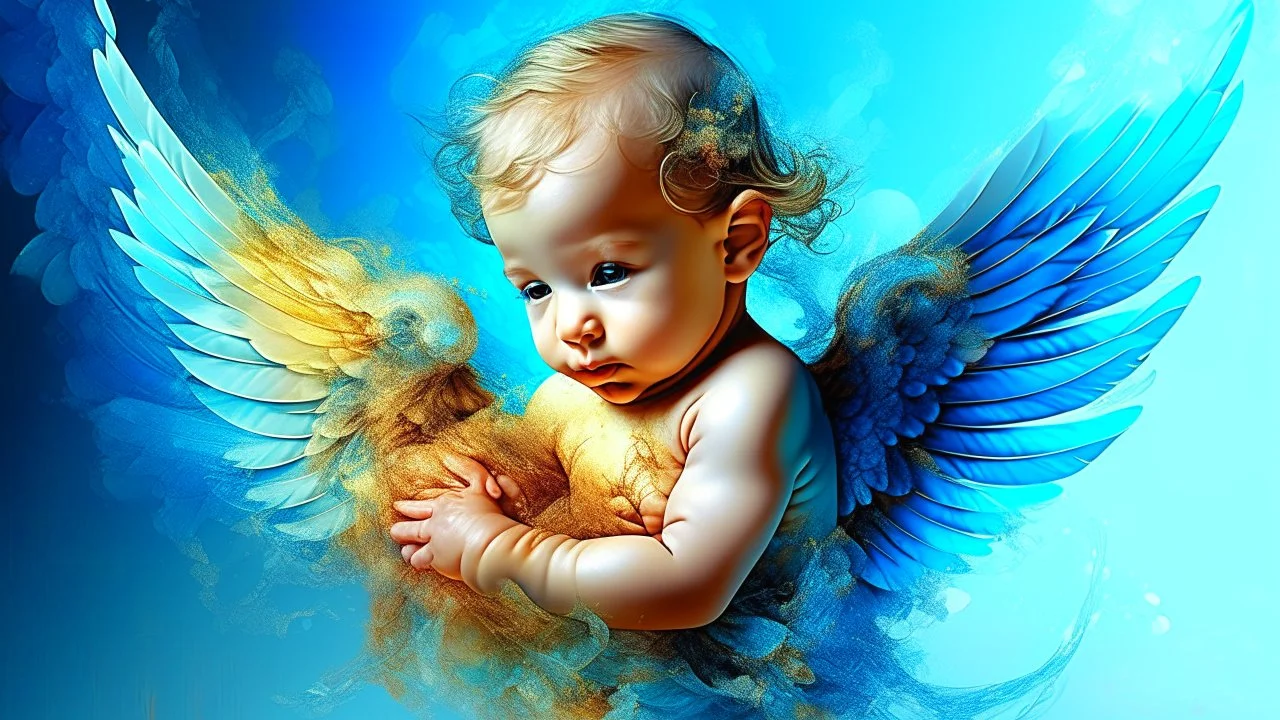 Beautiful baby angel, double exposure fantasy, blue, gold, glitter, fine detailing, hyperrealism, vibrant colors, photorealism, 3D, acrylic and watercolor elements, heart.