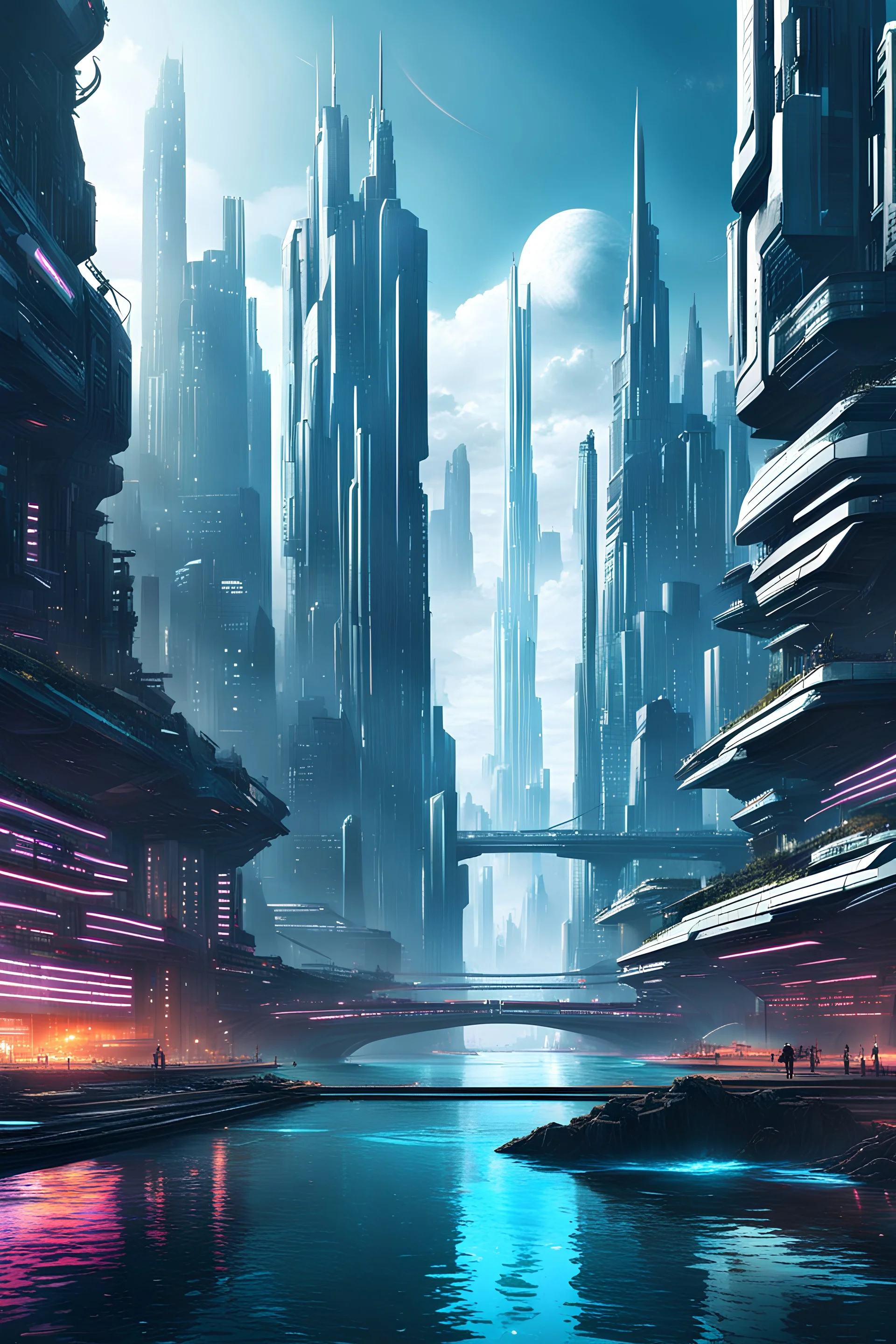 a large river in a futuristic world, large buildings, cyberpunk style