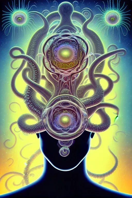 Spiritual Tentacles over human Head creating reality around, Dimethyltryptamine