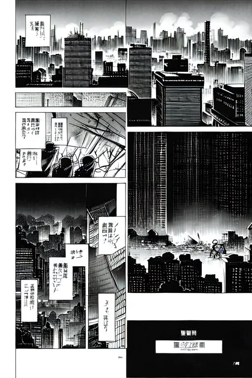 hiroshima nuclear bomb, city destruction, manga page, greyscale