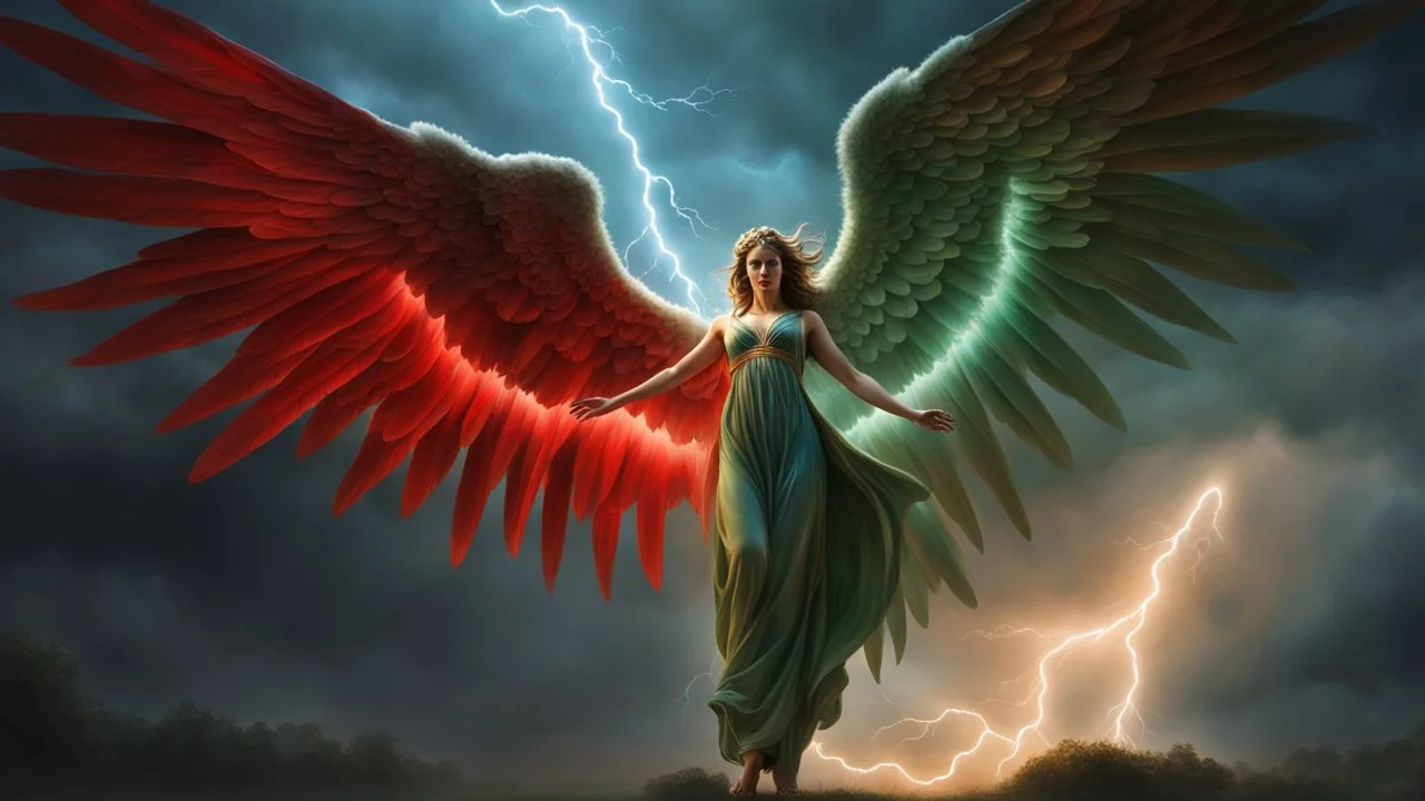 a powerfull angel. huges wings. blues, green and red lightning. beautiful arms and hands. beautiful face. transparent nail polish. exquisite realism, a masterpiece, fantasy concept art, dynamic lighting, hyperdetailed, intricately detailed, deep color, volumetric lighting, Epic cinematic brilliant stunning intricate meticulously detailed dramatic atmospheric maximalist,