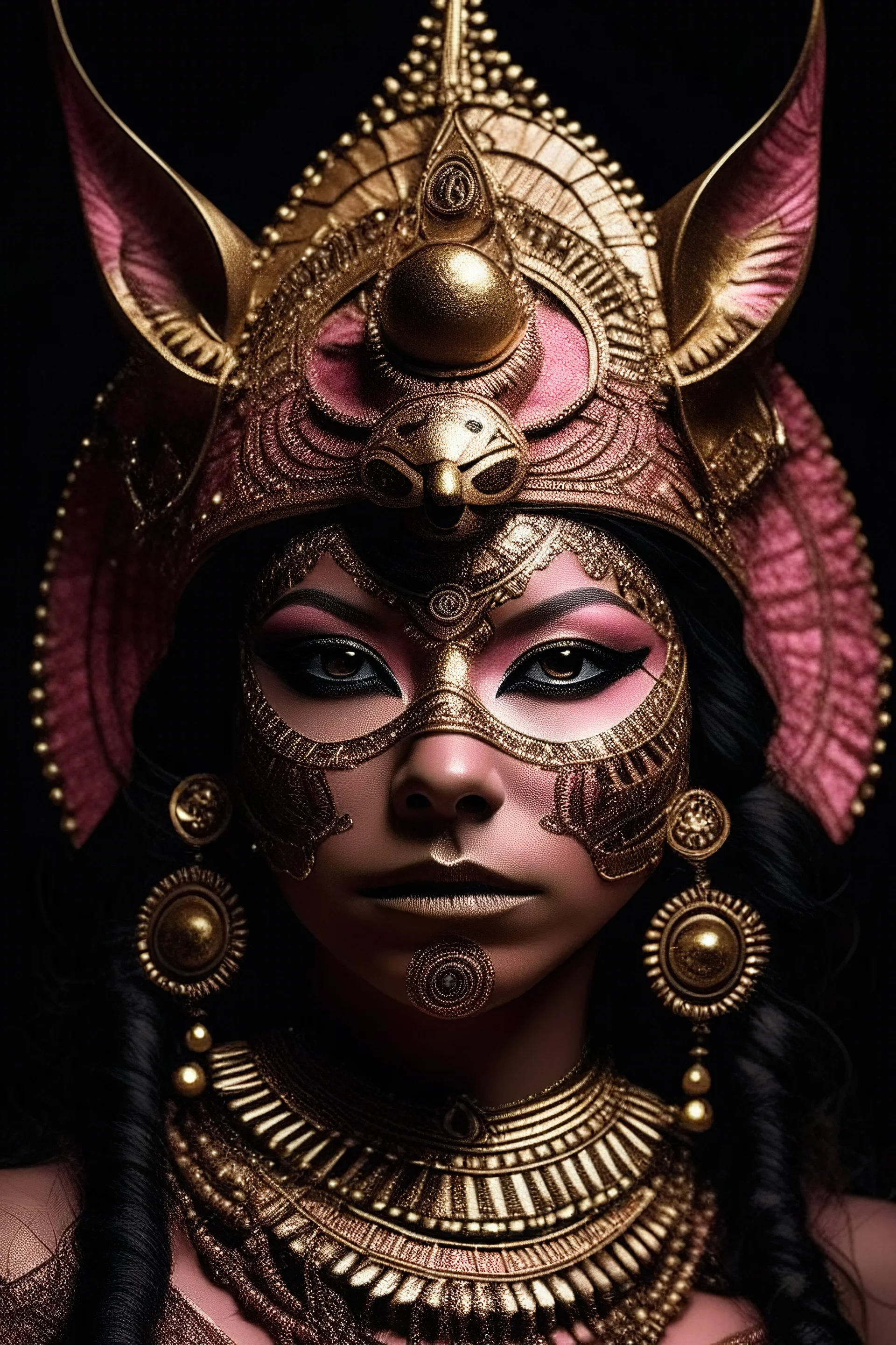 A face of Qween shiba of Egypt with a beautiful glowing eyes ,etherialism shaman, wearing etherialism achat stone and roze quartz, golden colour and copper ornate costume adorned wirh etherialism shamanism style lace, ornated textured etheral filigree and metal rose etherialism costume headdress organic bio spinal ribbed detaIL etheral shamanism and dark goth mixed style moonlight background intricate details, extremely etherial filigree maximalist portrait art