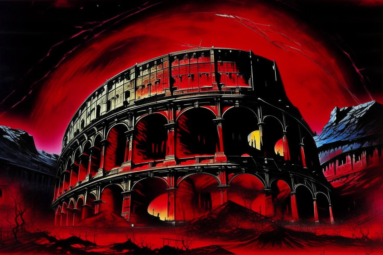 A dark red giant coliseum in a cosmic storm painted by Andy Warhol