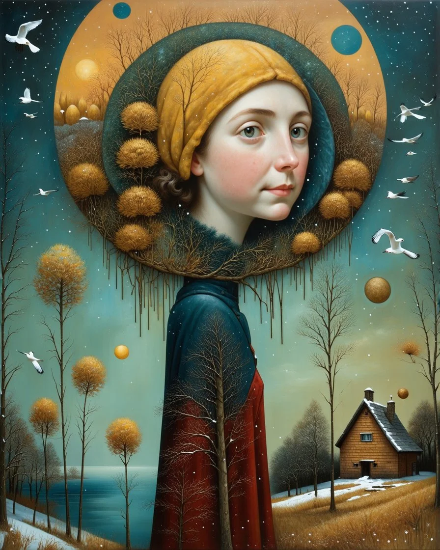 Richly textured Hieronymus Bosch, Catrin Welz-Stein, William Turner, Zdzisław Beksiński, Jacek Yerka oil on canvas zentangle line art style mix, surreal frosted fantasyland winter oceanscape, hoarfrost on trees, high grasses, snow and cottages, withered flowers, pale sunrise; paint splatter, beautiful vibrant colors, reflections, SK, flying seagulls, dramatic clouds, snowfall.
