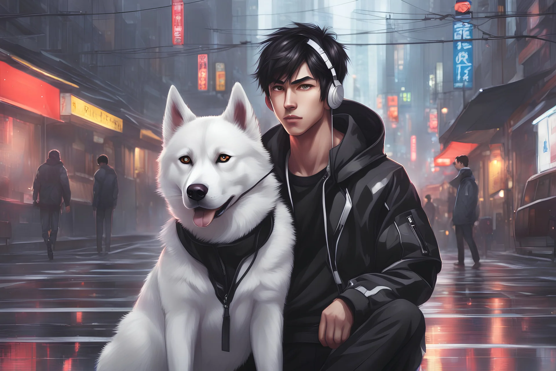 cute Asian guy, dark short hair, wearing headphones, modern Chinese city, black and white husky dog on a thick leash, beautiful hands, big eyes, black sports stylish suit, white sneakers, Wednesday Adam in 8k anime cgi drawing style, Adam family them, neon effect, close picture, rain, highly detailed, high details, detailed portrait, masterpiece,ultra detailed, ultra quality, large tv, cyberpunk, face mask