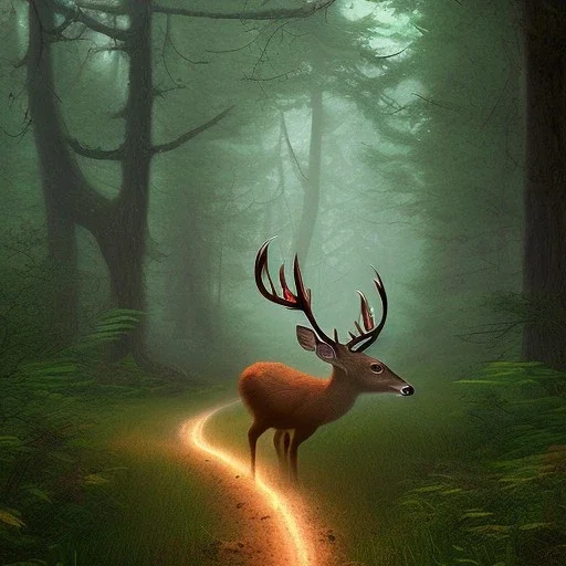 fantasy art, book cover, "As you ride deeper into the forest, you begin to see signs of wildlife. A deer dashes across the trail ahead of you. The journey may be long, but in this moment, it feels as though you are exactly where you need to be."