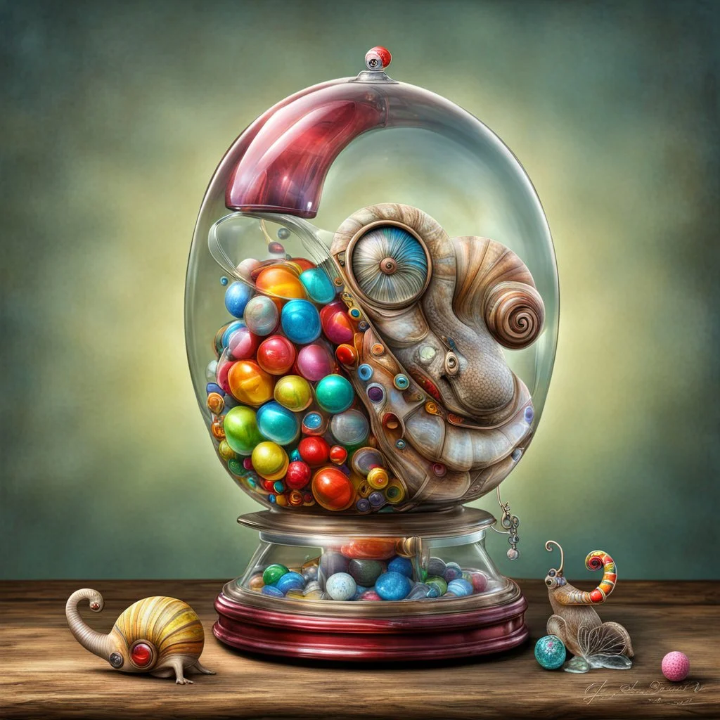 fantastical snail with a clear glass shell that is a 50's gumball machine, photoreal, HDR, Sharp, whimsical, surreal