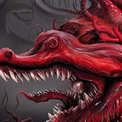 Red Tentacle monster with teeth, horror, detailed, realistic, gore, eyes, 4K, fantasy, scary, demonic, hyper realistic, blood