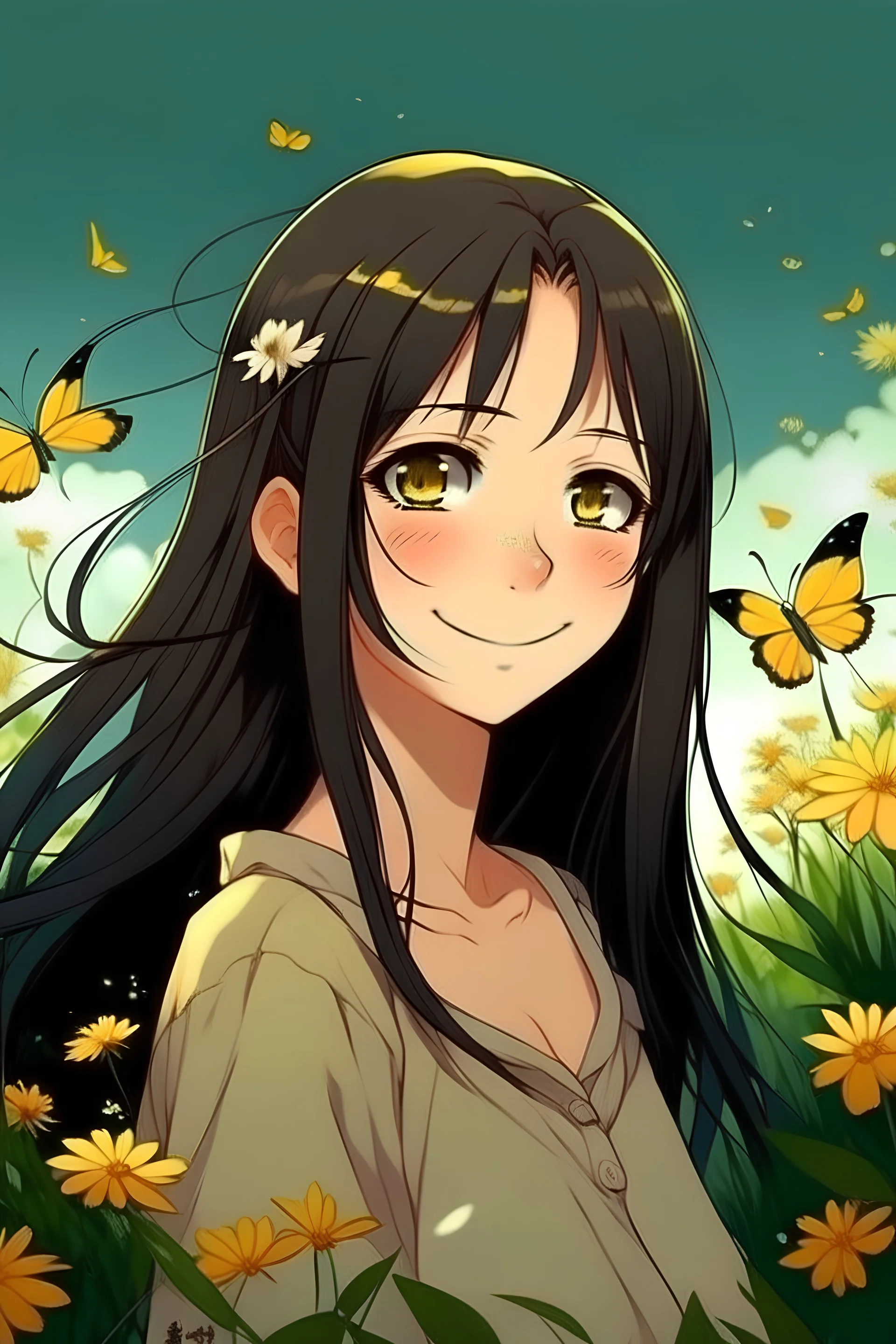 female with long, black hair and big A mixture of Brown light and dark eyes with long eyelashes.A little freckled. Always smile. She ties her hair. Her haircut is butterfly and straight.Two pieces of hair are always in front.short forehead.light skin Beautiful background scenery of Camomile behind her. Graphics Studio Ghibli