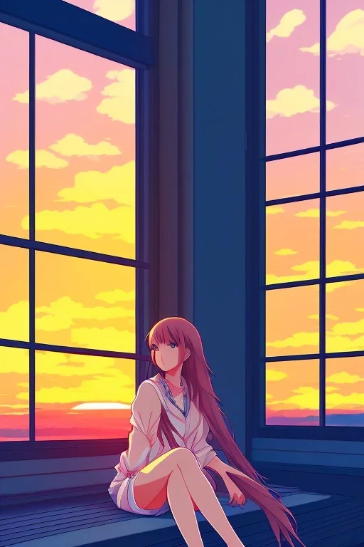 anime style illustration, sad girl sitting on the balcony, looking out of the window, sunset, breeze, shot from inside the house, grain, makoto shinkai, key visual