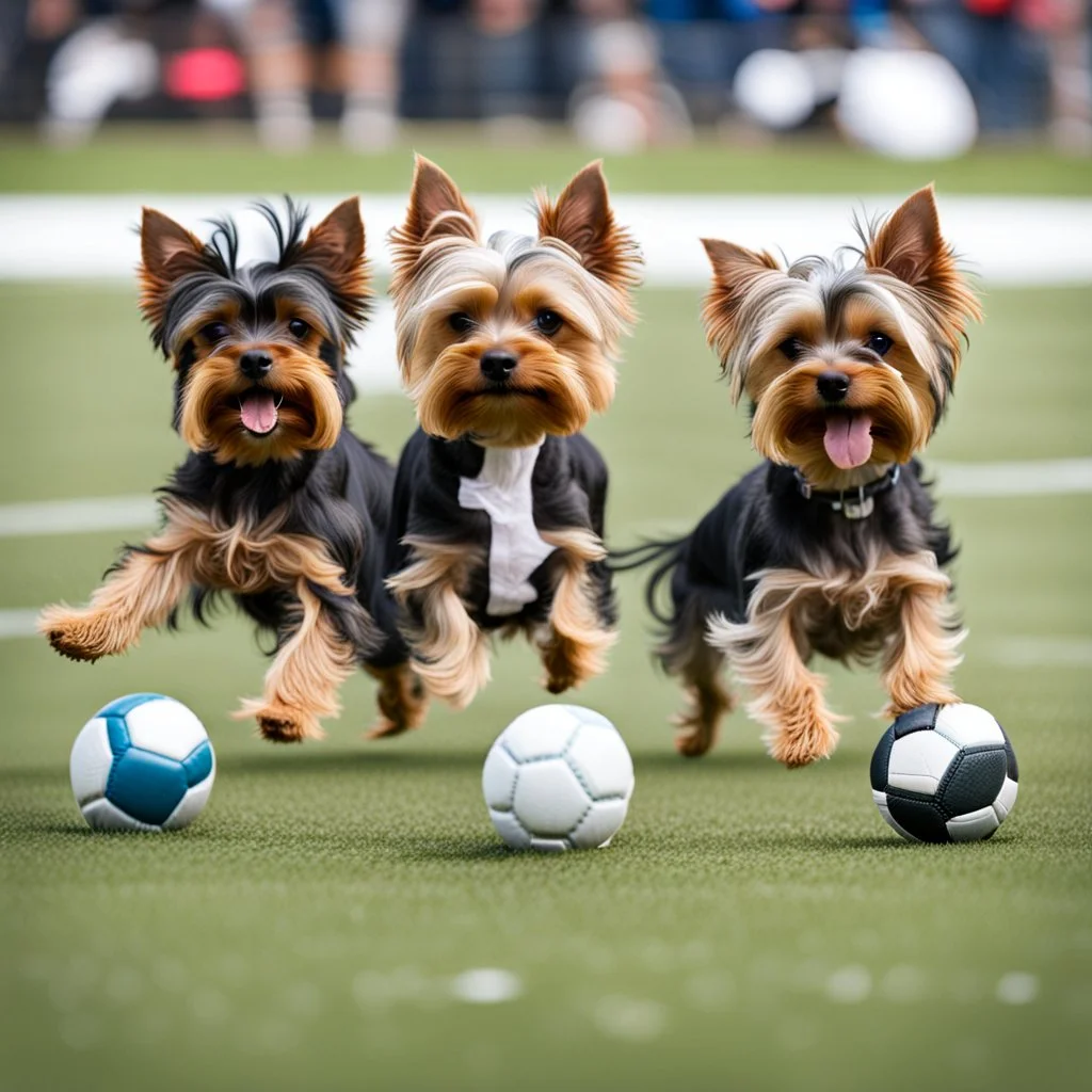 Yorkshire Terriers playing football.