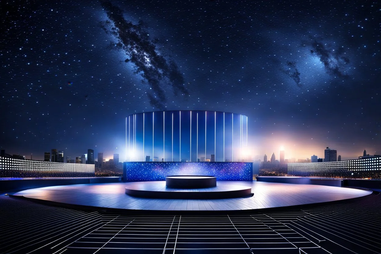 a big open empty disko stage in modern city in a very big square in midnight , at distance,night sky ,stars