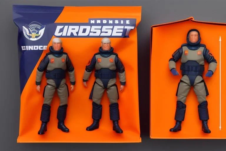 Mike pence G.i. Joe toy doll space force uniform inside a blister packaging hanging on A rack in toystore, fluorescent orange, wide angle shot whole body, black moonboots, fullsize, bright green pricetag on packaging