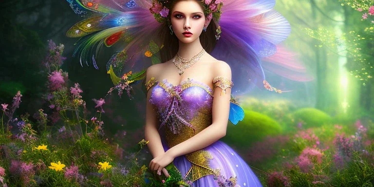 bright fairy, beautiful portrait, flowery landscape