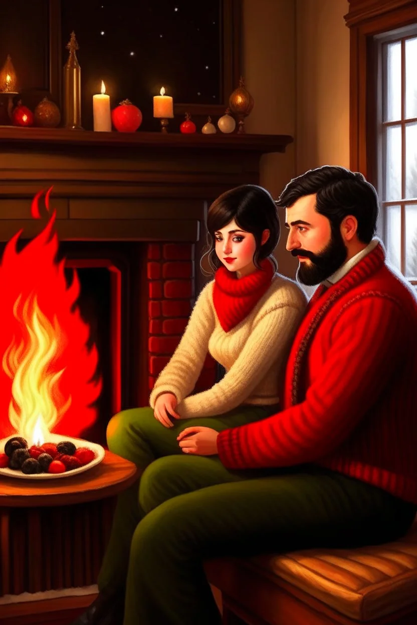 Fire place Christmas scene, dark haired couple, man with short black beard, blue eyes, sketch