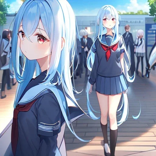 Clear focus, High resolution, long fluffy light blue hair, hair between eyes, long locks, wearing a sailor uniform, wearing a sailor skirt, long black socks, 1girl, cartoon, cute, UNFOTABLE studio, red tie, walking, outside setting