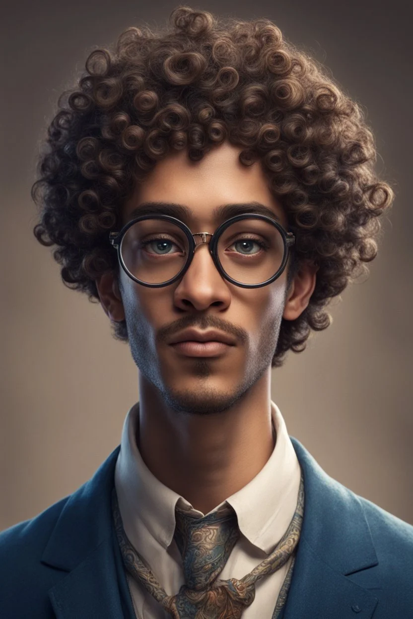 Ein junnge namens zinar ist weis hat locken und eine runde brille hat ein par mutermale im gesicht