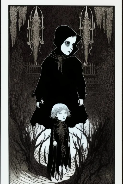 7 year old boy, necromancer, friendly, looks dead,with a long lamprey emerging from his belly , wearing black robes, in the style of Harry Clarke