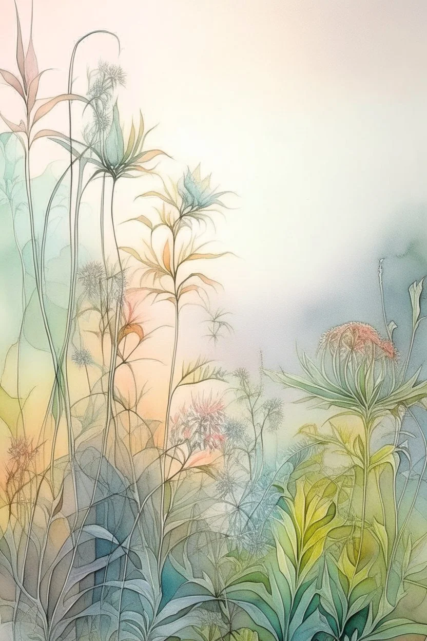 Watercolor, color plant, fine black ink drawing, beautiful landscape, fog, lots of details, delicate sensuality, realistic, high quality,3d, work of art, hyperdetalization, professionally, filigree, hazy haze, hyperrealism, professionally, transparent, delicate pastel tones, back lighting, contrast, fantastic, fabulous, unreal, translucent, glowing, clear lines, horror, epic fabulous , fabulous landscape, hyperrealism