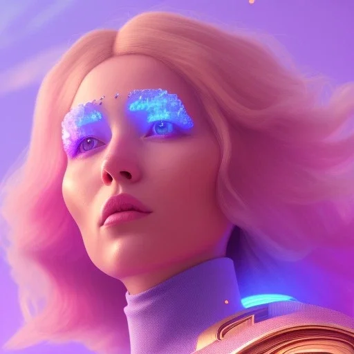 A portrait of a crystalised blue pink extraterrestrial, gold, sunny background, atmospheric, realistic, unreal engine, 8k. Cinematic lighting, octane render.