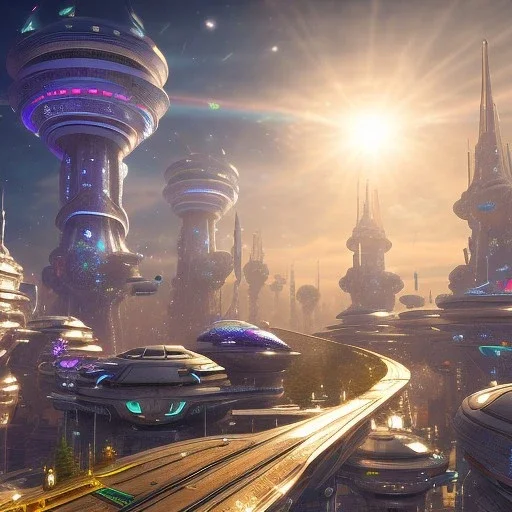 futuristic city with astroport and transparent bridges, galactic landsacape with multicolored crystals falling from the sky, full of details, smooth, bright sunshine，soft light atmosphere, light effect，vaporwave colorful, concept art, smooth, extremely sharp detail, finely tuned detail, ultra high definition, 8 k, unreal engine 5, ultra sharp focus