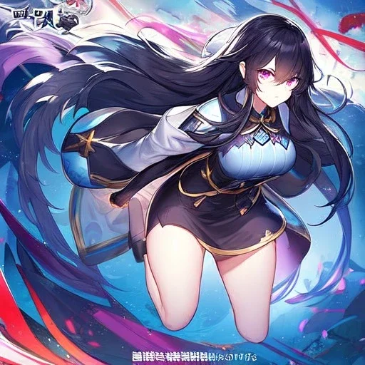 Clear focus,High resolution, black long fluffy hair, long fluffy bangs, purple eyes, wearing a uniform outfit, front hair cover eyes, wearing a short skirt, full body, splash art