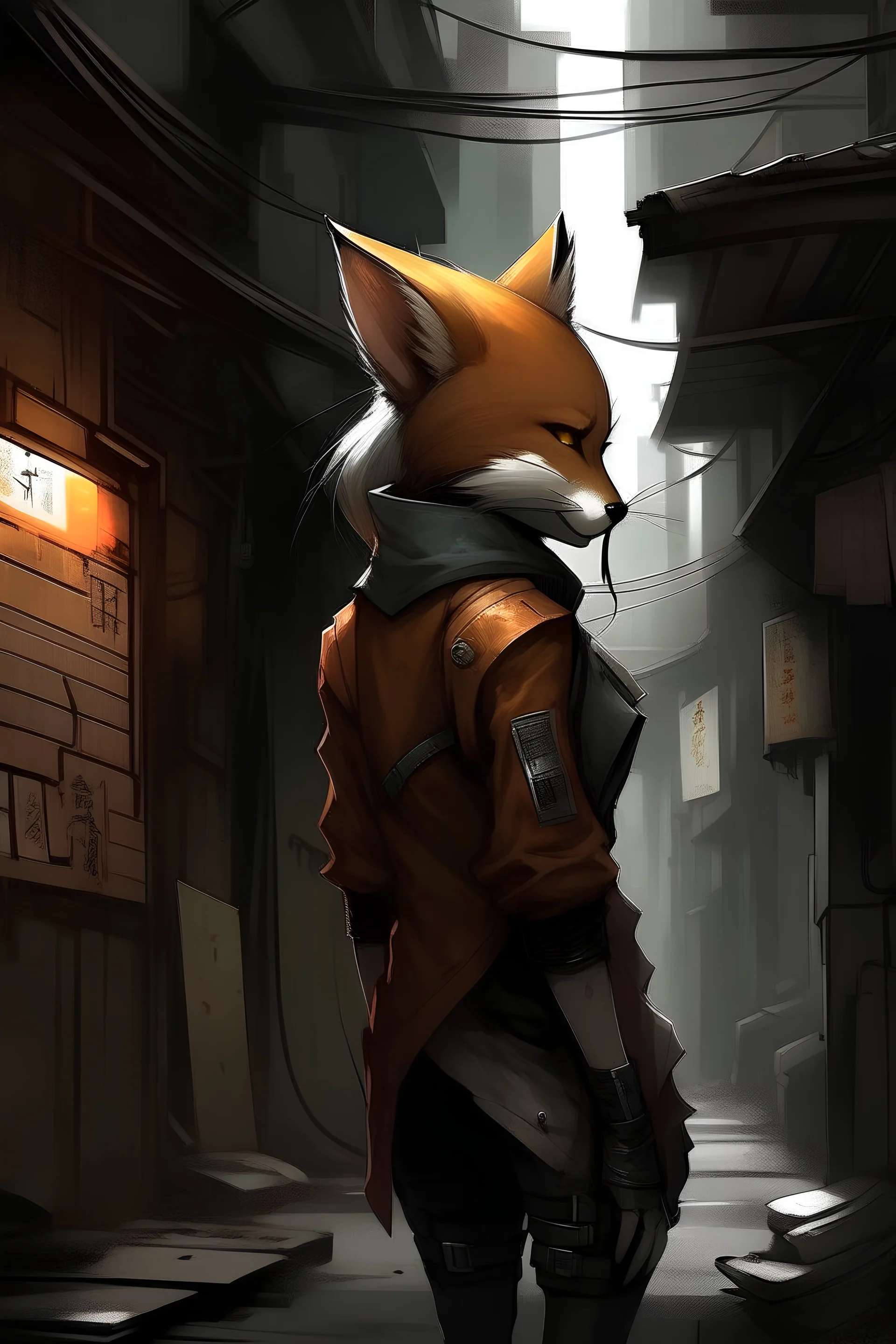 kitsune, female, cybepunk, thief, back alley