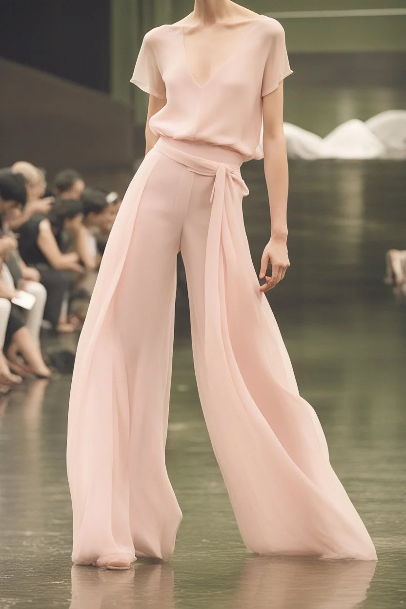 A pair of wide-legged pants in a soft pink chiffon. The pants would have a high-waisted silhouette and flowing drape. The waistband would be embellished with delicate beading and sequins. The pants could be paired with a variety of tops, such as a simple white camisole or a more embellished blouse.