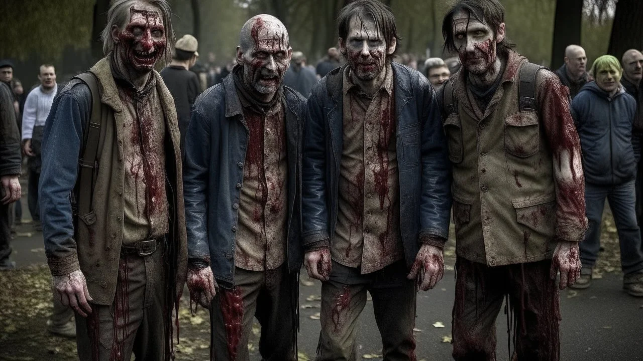 4 men zombies in adark area bloody