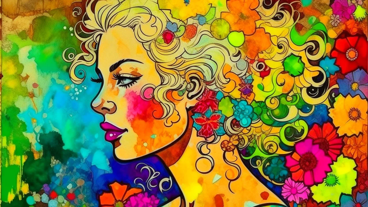 abstract art complementary colors fine details , old torn worn paper, high grain, portrait blonde , flowers in hair, acrylic, alcohol ink, fine drawing, A blonde woman in her 40s, with flowers woven into her loose, curly hair, sits in a whimsical, fairytale setting, surrounded by delicate swirling patterns reminiscent of the textures of old torn paper, in a vibrant, abstract style combining acrylic and alcohol ink techniques, with fine detailing that highlights complementary colors, in the expre