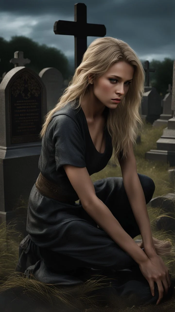 photorealistic hyperdetailed young woman with dirty blonde hair kneeling by a grave with a wooden cross