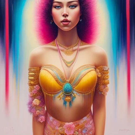 iv_a painting of a young woman, figurative art, an acrylic detailed painting,art style by Harumi Hironaka, turquoise pink and yellow, james terrell art, trending on artstation, soft lines,intricate art by bastien lecouffe deharme and greg rutkowski