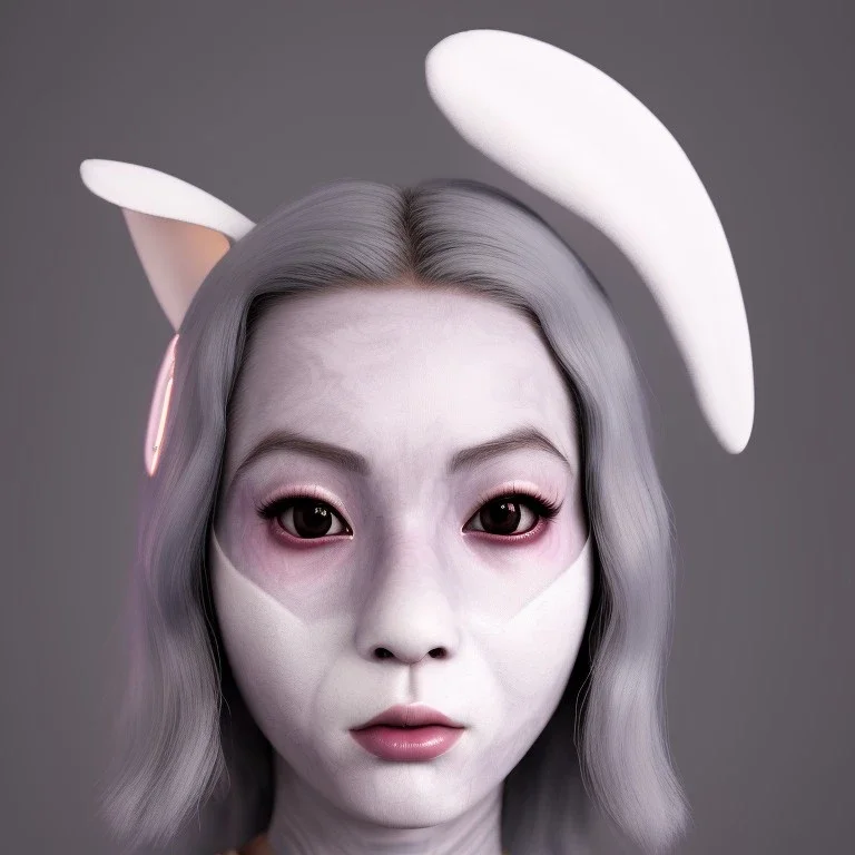 Front Portrait, Cyber rabbit mask teenager woman, color makeup, grey hair, rounded face, geisha style hair, white skin, pattern dress, velvet, vibrant color, cyberpunk style, highly detailed, art stations, concept art, smooth, unreal engine 5, god rays, ray tracing, RTX, lumen lighting, ultra detail, volumetric lighting, 3d, finely drawn, high definition, high resolution, gradient background