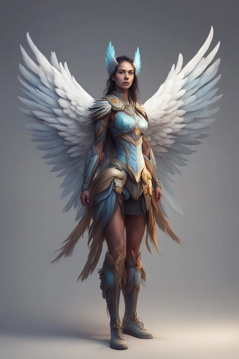 human female with a bird head character with strong wings and a lightbow