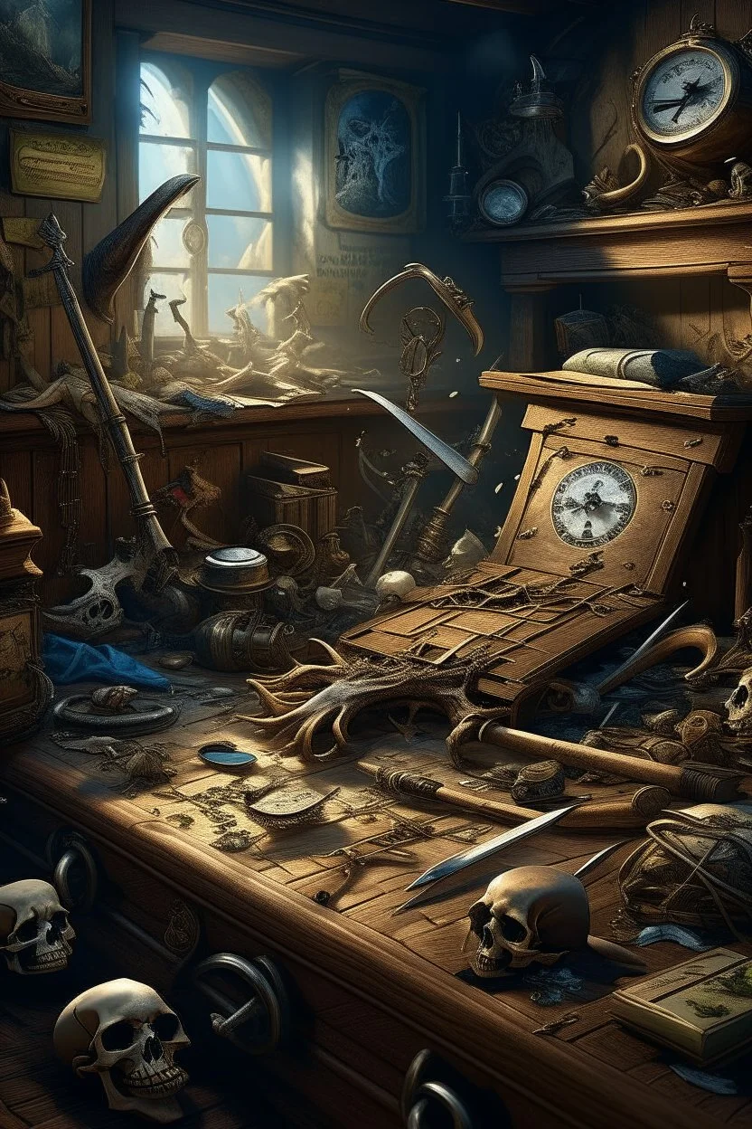 Bosch nightmares painting style Title: treasure ,knives’ ,old banjos.clarinet, spiders , an old clock, pirate’s guns, human bones, "snakes, intricate insanely , scorpions ,detailed octane render trending on artstation, 8k artistic photography, photorealistic concept art, soft natural volumetric cinematic perfect light, chiaroscuro, award-winning photograph, masterpiece, oil on canvas, Raphael, Caravaggio, Greg Rutkowski, people, beksinski, Giger