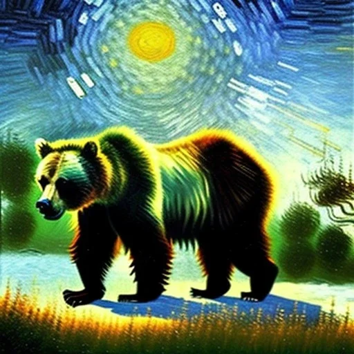 Dibujo al oleo de un oso grizzlie con su cria en el bosque con nubes estilo Vincent van Gogh