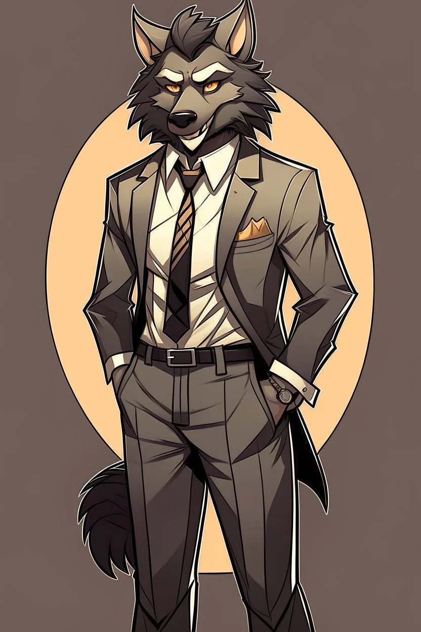 Buff, anthro, wolf, himbo, black fur, gold eyes, wearing a suit, full-body