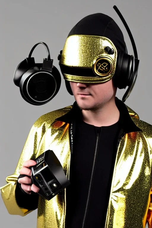 Metallic Cyber-punk style man with a web-camera-mask and old AKG-style headphones with golden rings. Large fencing mask covers man's cheeks. Man in good body shape. Reflective plastic body jacket full-coverage. Body and head full of integrated old-fashioned cameras and an old telephone. . Perfect body. Euclidean 3D-tiling, Escher tiling, background. Cables in head. Daft Punk, Matrix movie black leather jacket with a Hood. Silvery black leather surfaces body. 1990's