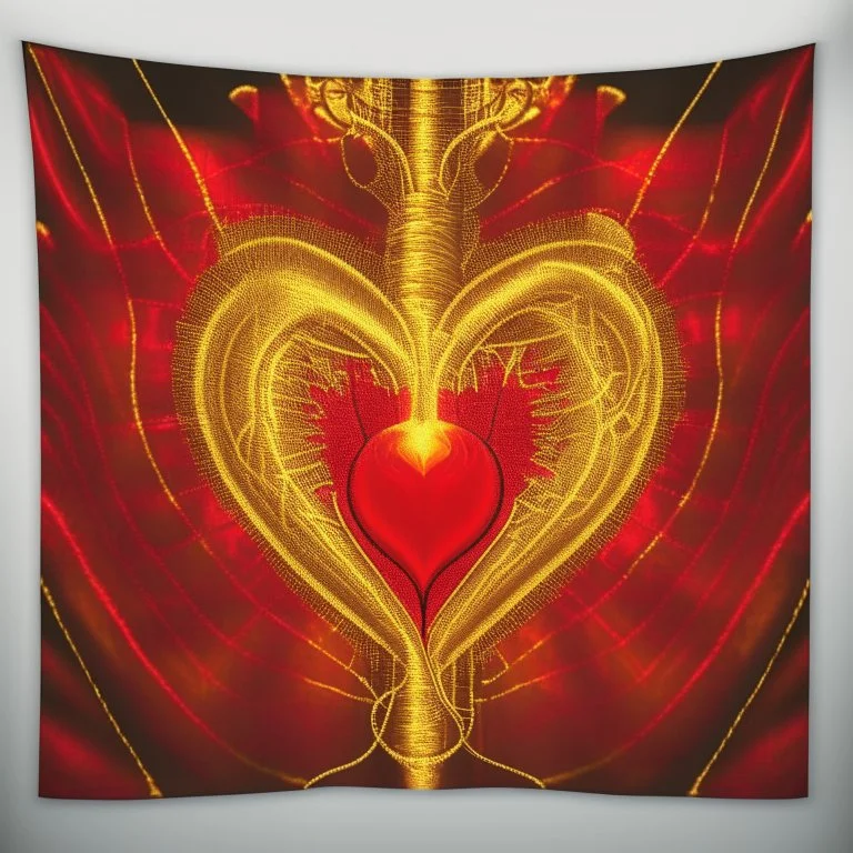 electric heart in red and golden tapestry