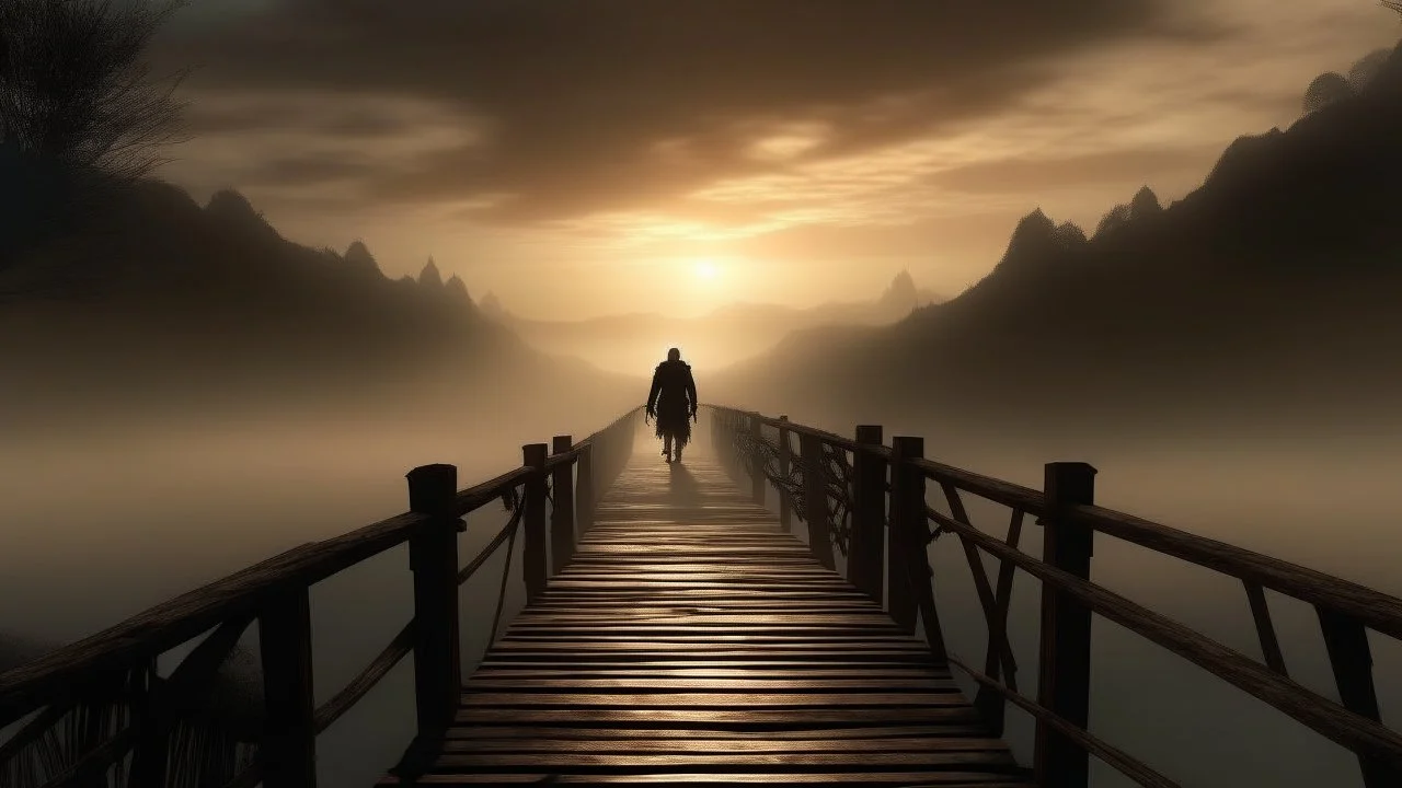 walking straight ahead over a wooden bridge, holding the angel of death with your right hand, entering the fog at the end of the road that leads to the afterlife, a stream from the mountains flows from the right and left, and a beautiful sunset behind the fog, realistic