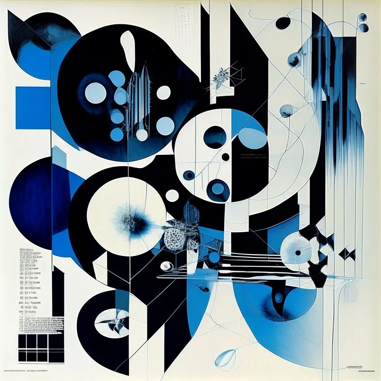 Human Misery geometry diagrams, abstract surrealism, by Victor Pasmore and H.R. Giger and Graham Sutherland, maximal mind-bending illustration; Midnight_blue - white - black color scheme, blooming blot cluster effects, constructivism, maximalism