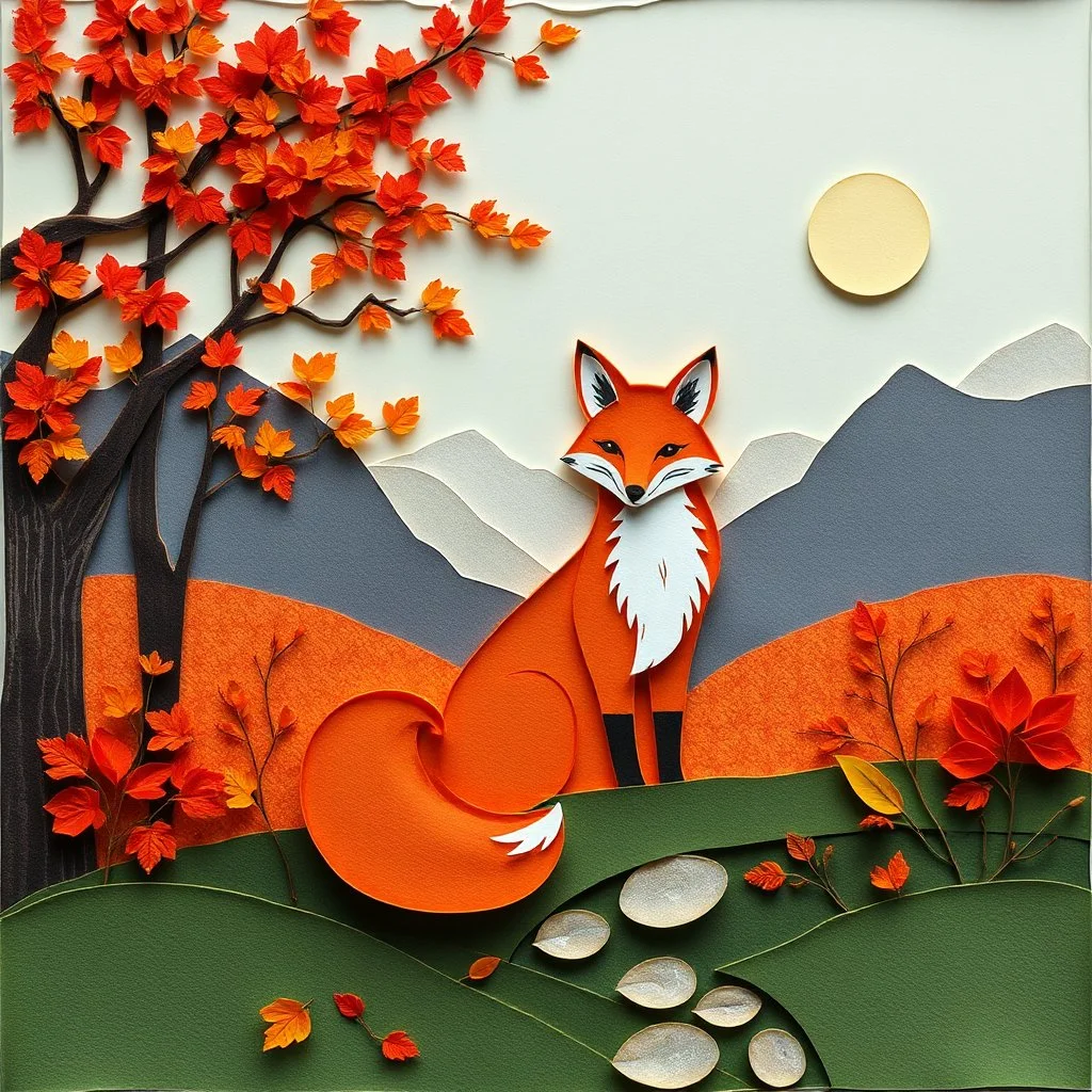 kirigami, by Masaaki Tanaka, quilling paper art. orange fox centered in an autumnal picturesque landscape. 2D collage of torn paper. scrapbook paper collage. Fall colors, Perfect composition, multi-layered, backlight from inside, strong contrast, volumetric lighting