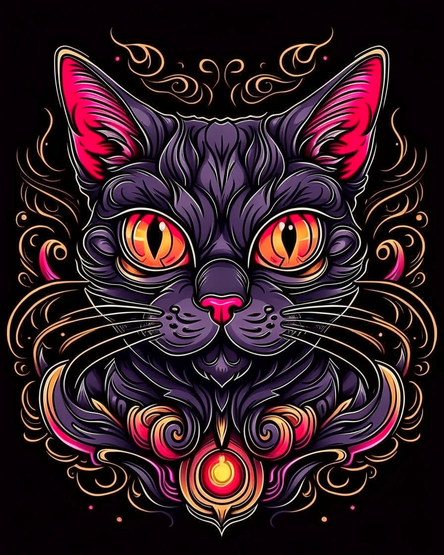 Scary Halloween Cat tattoo design, traditional tattoo style, t-shirt design, fantasy art, digital painting, clean dark background, 8K