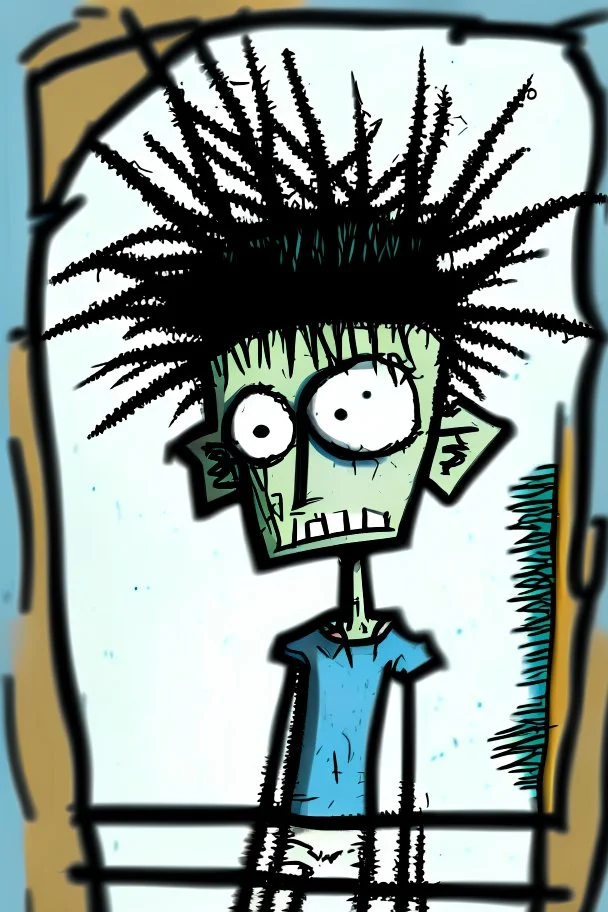 2d drawing of a stickman, cool with punk hair, x eyes like in hangman, driving a porch, 3d realistic in colour