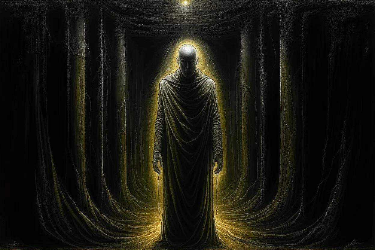 painting of a male figure emerges from the darkness, the abyss, escapes the darkness, the underworld, the past, exits the matrix and stands on the light side. inspired by Santiago Caruso, eric lacombe, anton semenov, dramatic artwork, sandman, by Zoran Mušič, bekskinski, inspired by Remedios Varo, by Santiago Caruso, dark surreal art, surreal drawing, by Jan Sawka