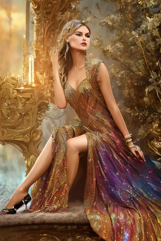 photo realistic painting ((full body)) ((stunningly attractive)) a woman sitting on a majestic chair , ((perfect feminine face)), (colorful wavy hair),, glitter, wearing a dress, intricate, 8k, highly detailed, volumetric lighting, digital painting, intense, sharp focus, sitting on a majestic luxury comfort