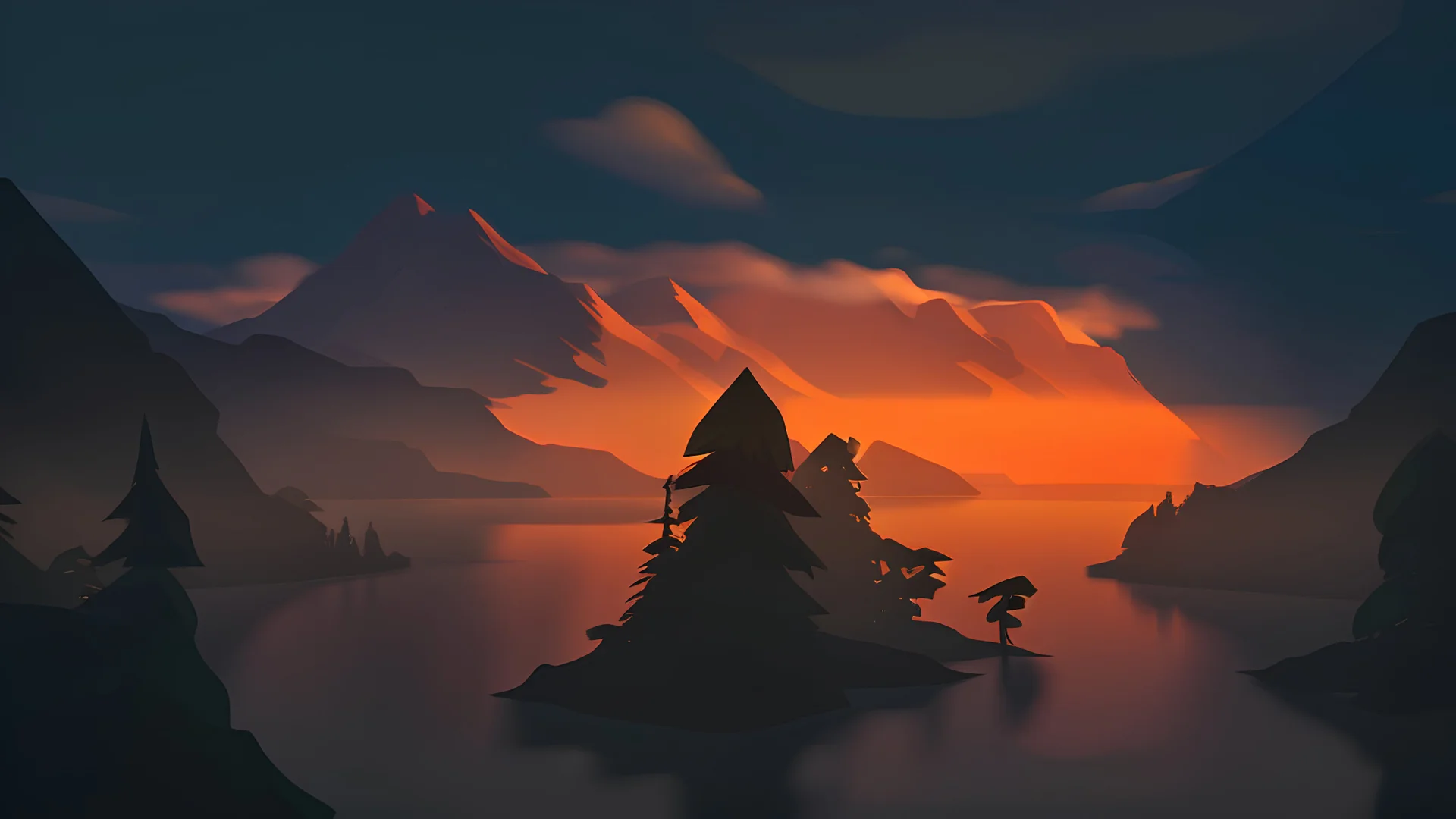 Stylized image of a forest, near a serene lake and mountains in the background at sunrise