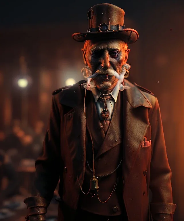 Surreal, steampunk, cabaret scene. Russian old man. Sweat, rain, smoking, happy, hot, people background, highly detailed, concept art, unreal engine 5, god rays, ray tracing, RTX, lumen lighting, ultra detail, volumetric lighting, 3d, finely drawn, high definition, high resolution.