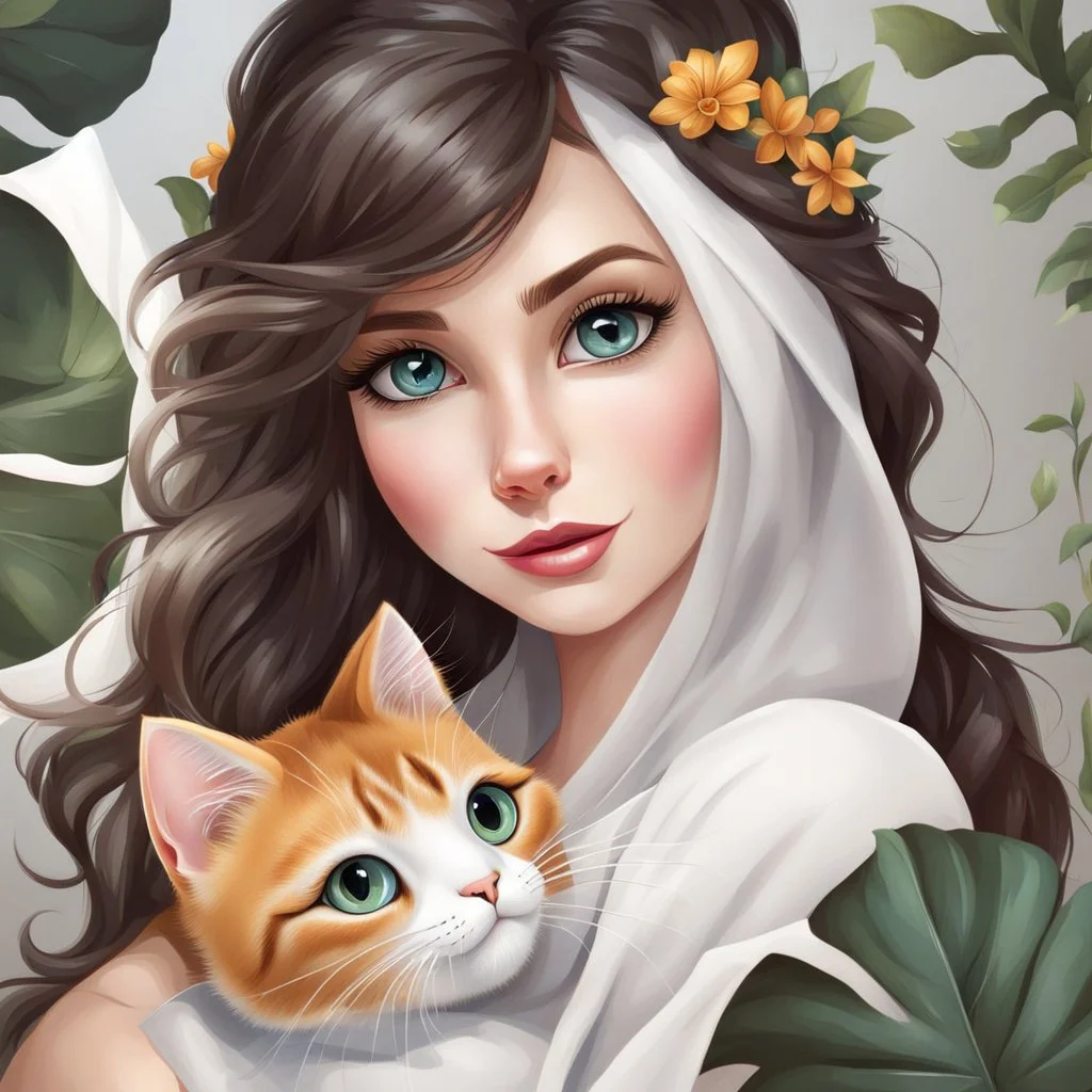 very beautiful realistic cartoon girl with cat