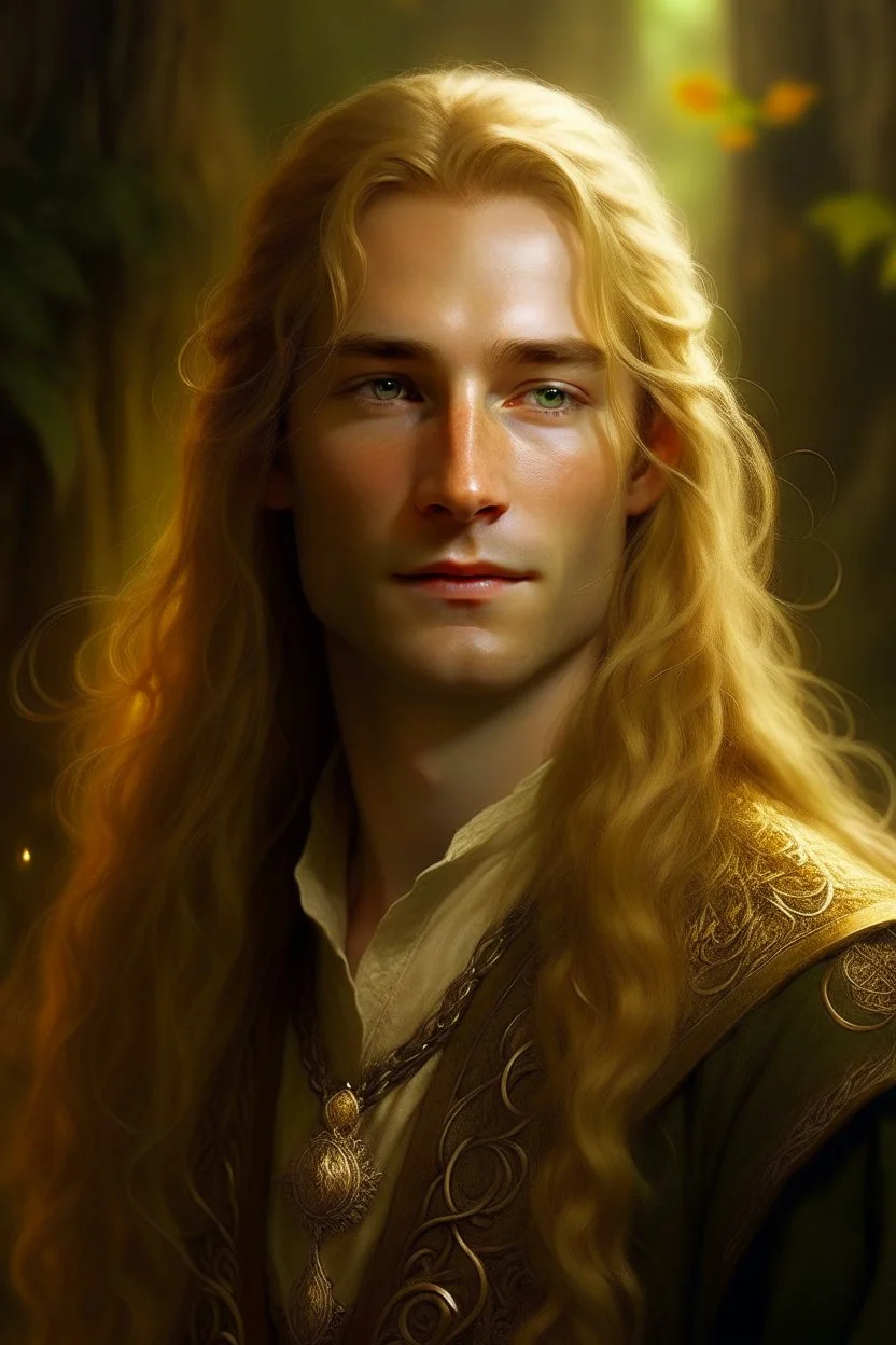 A young serene Lord Of The Rings like man with long golden hair that cascades gracefully. His open eyes, with blind pupils, reflect a depth of wisdom and inner peace. A gentle smile graces his face, adding warmth to his tranquil demeanor.